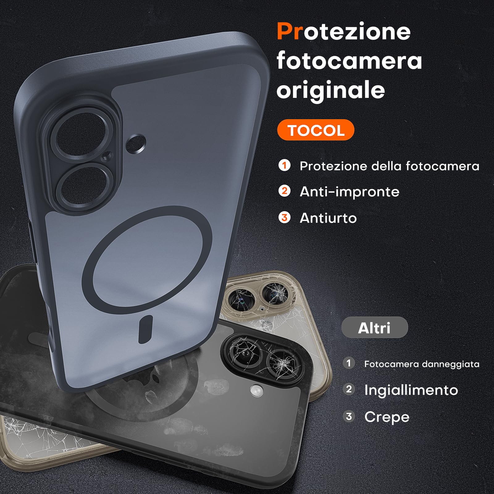 TOCOL Cover Magnetica per iPhone 16 6,1 Pollic, Compatibile con MagSafe, Protezione Fotocamera Integrata, Custodia Antiurto Traslucida Opaca, Nero