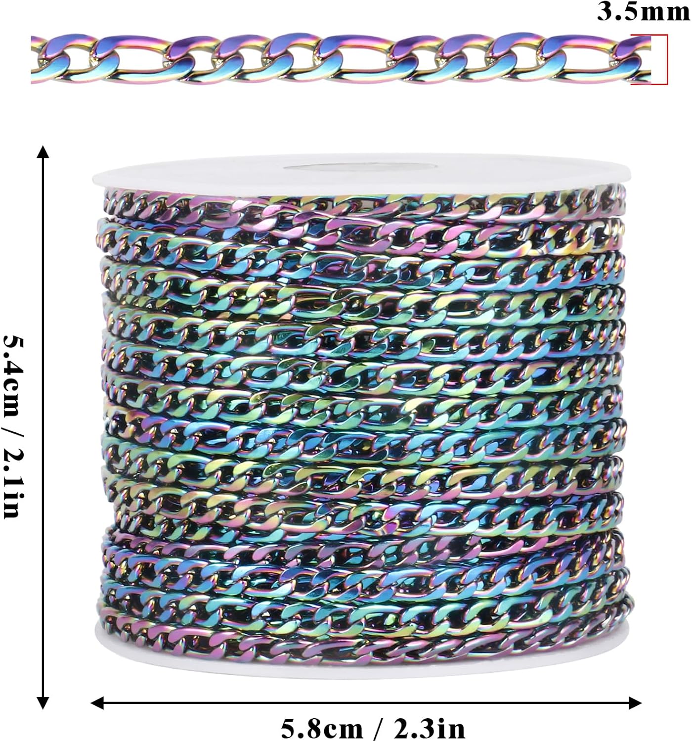 [33FT] Rainbow Figaro Chain Roll 3.5mm 304 Stainless Steel Colorful Figaro Link Chains Spool Bulk for Jewelry Making