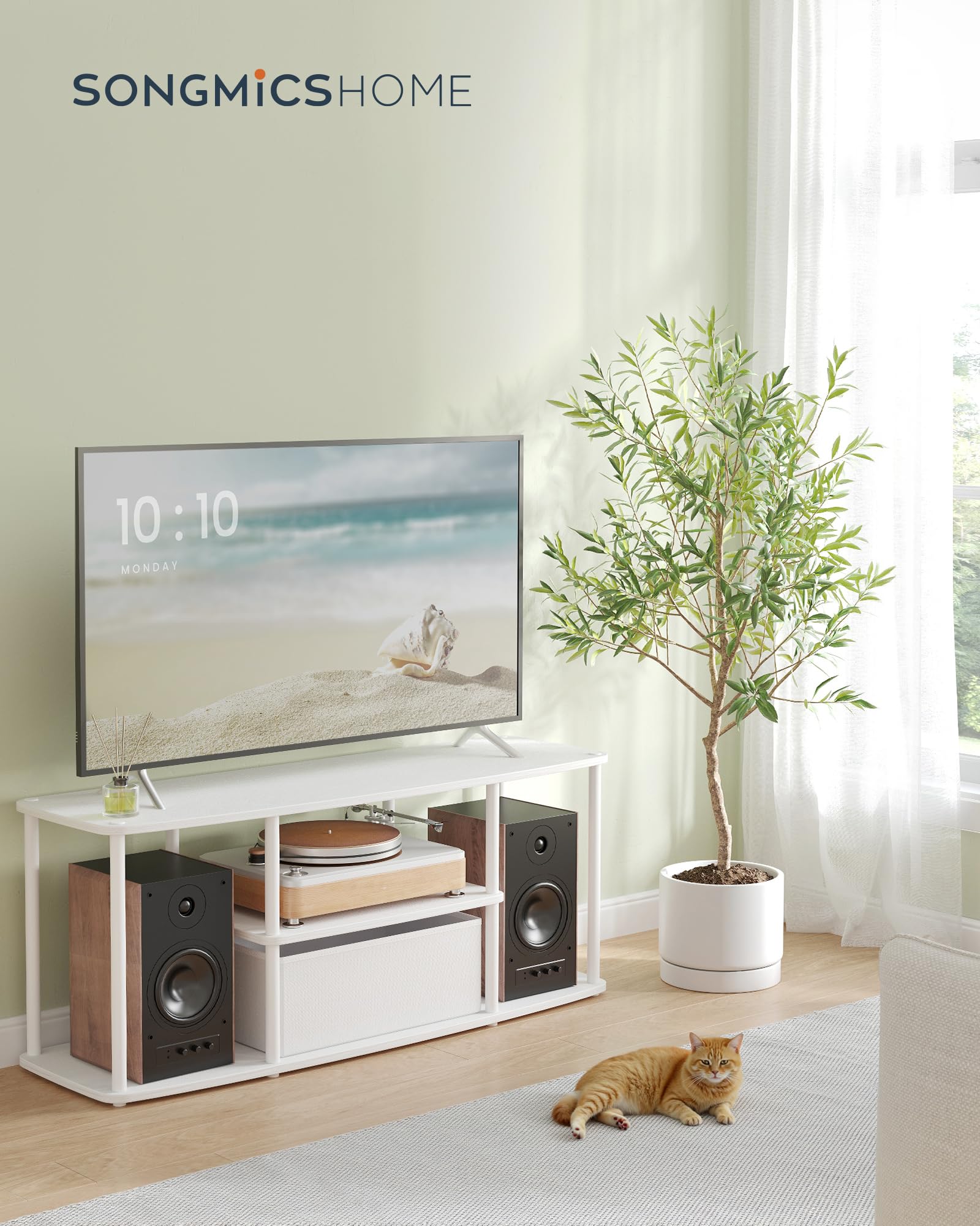 SONGMICS HOME Superschnelle werkzeuglose Montage, TV-Schrank für Fernseher bis zu 50 Zoll, Fernsehtisch, Lowboard, Wohnzimmer, 110 x 35 x 46 cm, Regal, schneeweiß-mattweiß LTV500W01