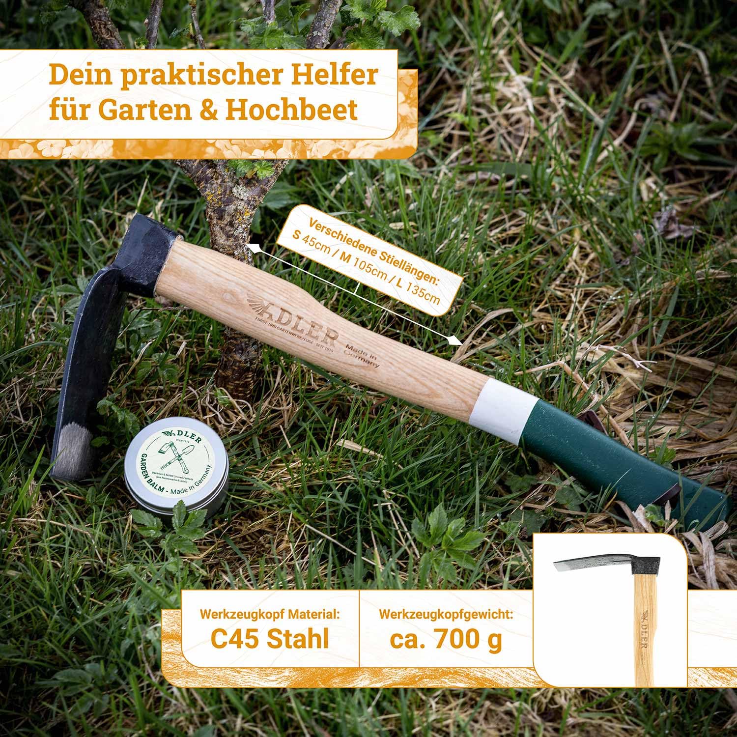 ADLER Zappa Ivy – Zappa da giardino forgiata – C45 acciaio manico in frassino – Made in Germany – Ideale per aiuole, diserbo e allentamento – Certificazione FSC® (naturale, L – 1 350 mm)