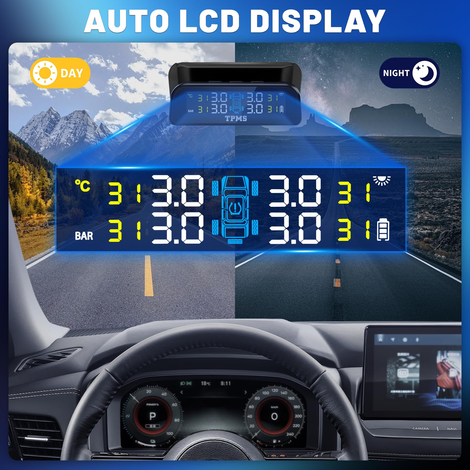 0-3.5Bar Sistema de Monitoreo de Presión de Neumáticos TPMS Solar Inalámbrico y Carga USB, 5 Modos de Alarma 4Sensor Externo de Presión de Neumáticos，para Auto SUV Camionetas