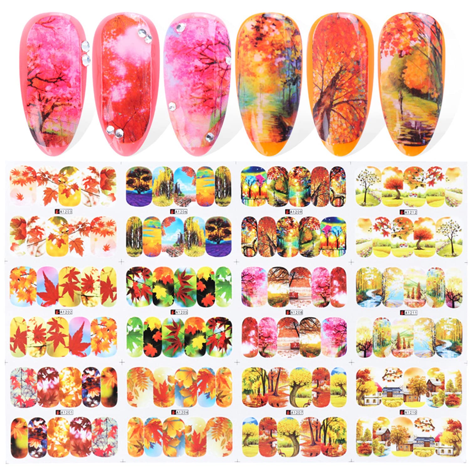 12 Sheets Fall Nail Art Decals Maple Leaf Nail Stickers Thanksgiving Nail Art Supplies Autumn Leaves Design Nail Art Stickers Water Transfer Nail