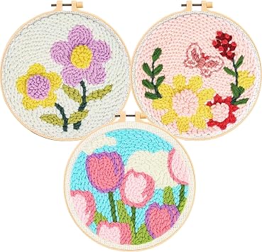 Allazone Punch Needle Kits, 3 Set Embroidery Starter Kits with Flower Pattern, Tool Threader Fabric Embroidery Hoop, Yarn for Crafts, Home Decor