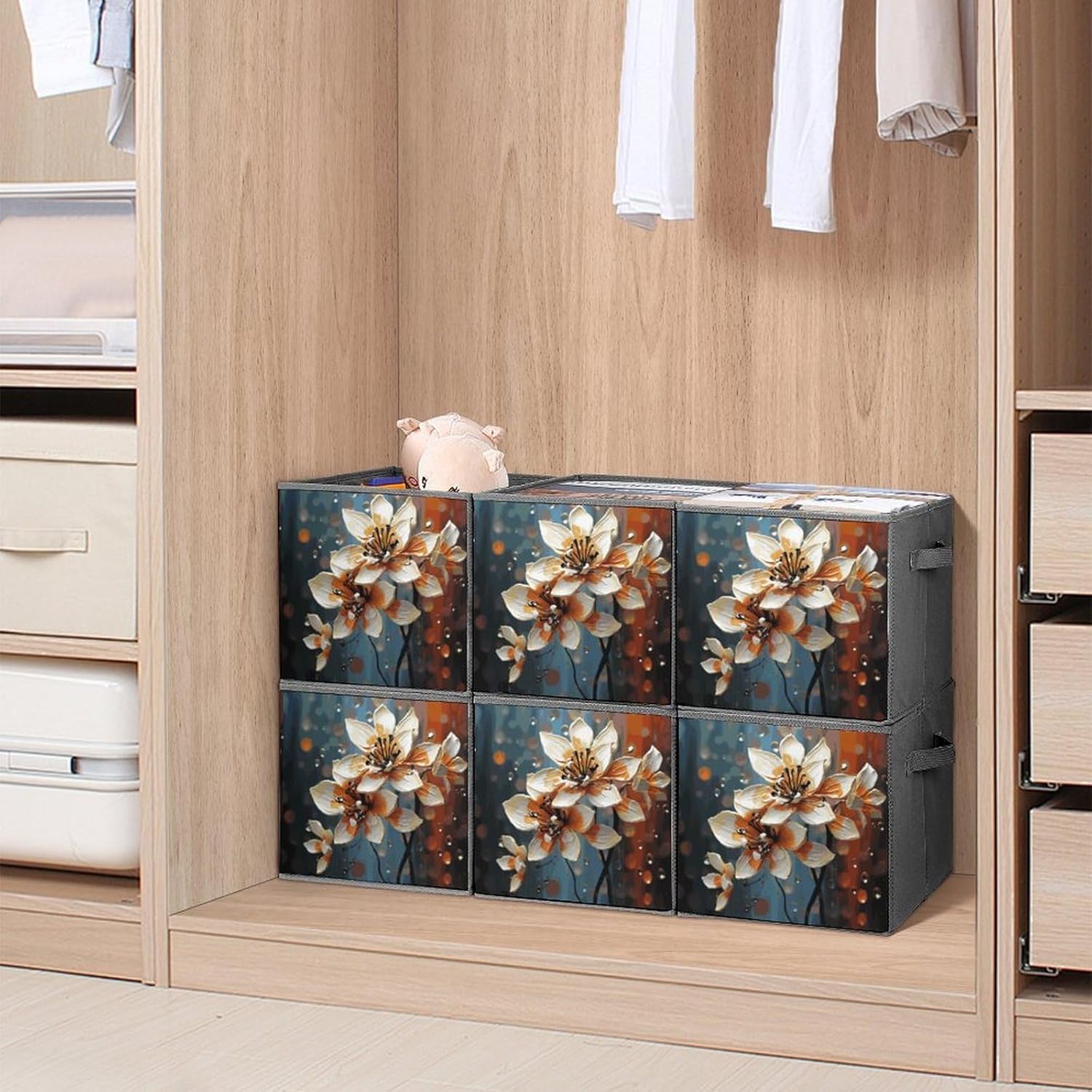 Modern Flower Storage Cubes Set of 6 Storage Bins with Handles Collapsible Storage Basket Fabric Storage Box for Shelves Large Closet Shelf Organizer for Organization 11 Inch