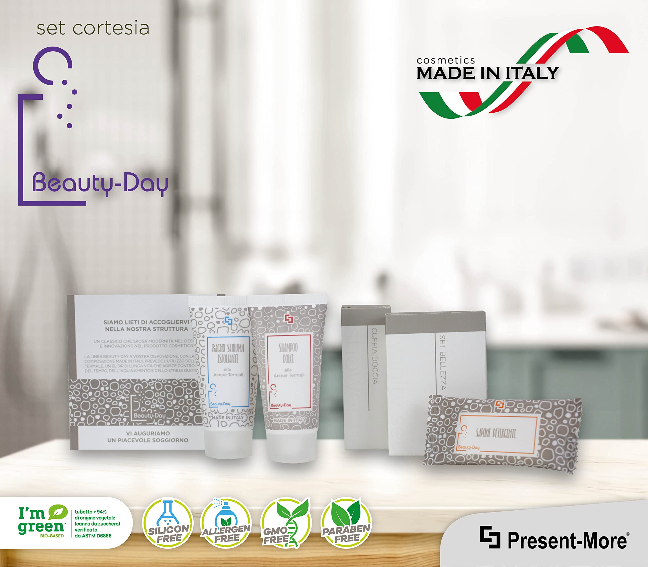 PRESENT-MORE - Set Cortesia 35 Ospiti Beauty-Day Italy | Fragranza Ylang Ylang - Shampoo, Gel Doccia, Sapone, Cuffia e Vanity - Made in Italy - Per Hotel e B&B