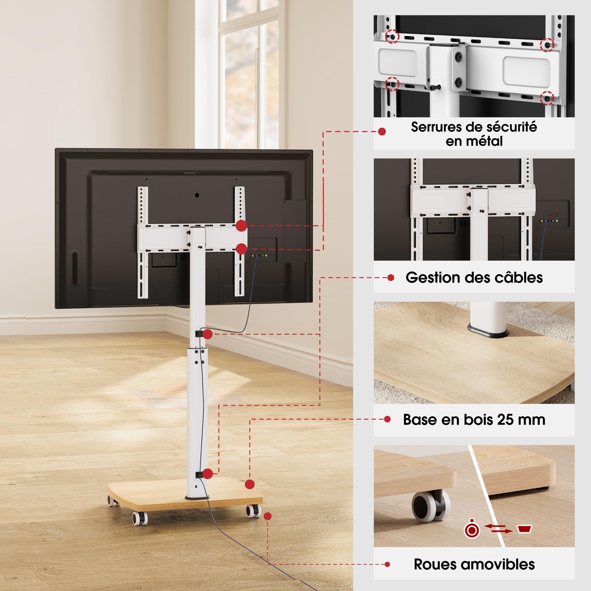 AOKCOS Support TV roulettes pour TV de 32-65 Pouces - Support TV sur Pied Plus Haut 1240 MM-1420 MM Pivotant 60° Inclinaison 12° jusqu'à 40 KG Max. VESA 400x400mm