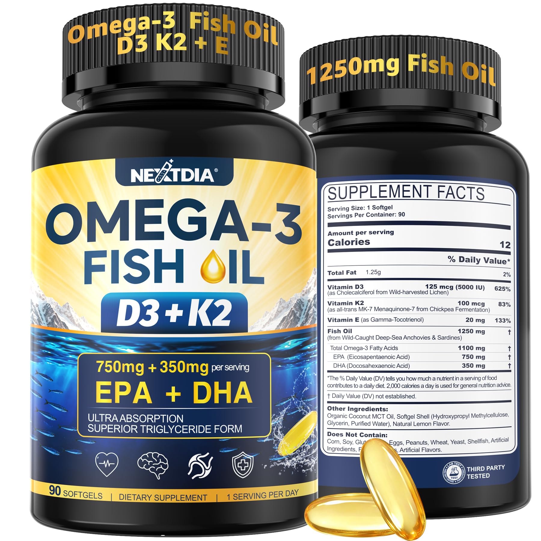 Omega-3 Fish Oil Supplement 1250mg, Vitamin D3 5000IU, K2 E, 3-Month Supply