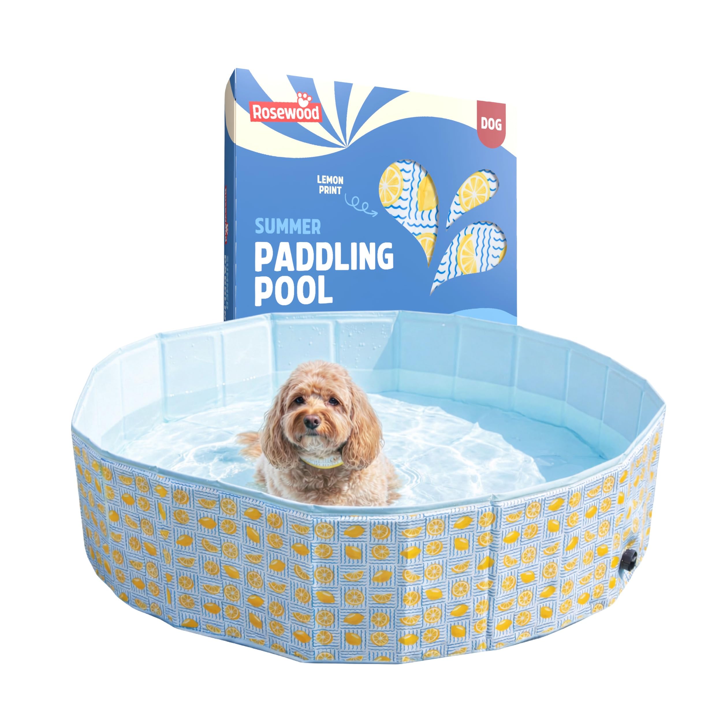 Rosewood Lemon Print Dog Paddling Pool 120cm – Claw-Resistant Pet Cooling Pool for Dogs, Foldable Dog Swimming Pool with Drain Valve, Durable PVC & Reinforced MDF Panels, Outdoor Summer Splash Pool