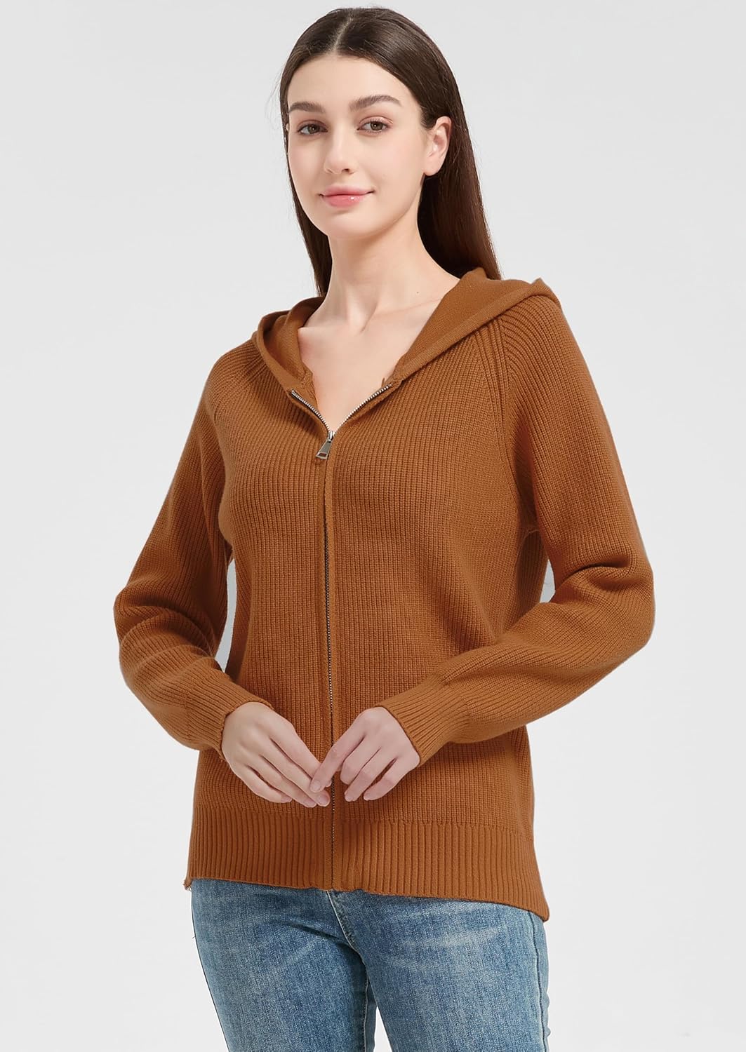 Tronjori Womens Zip up Hooded Cardigan Knitted Hoodies Raglan Sleeve Sweaters Jacket Outerwear Fall Winter - Image 3