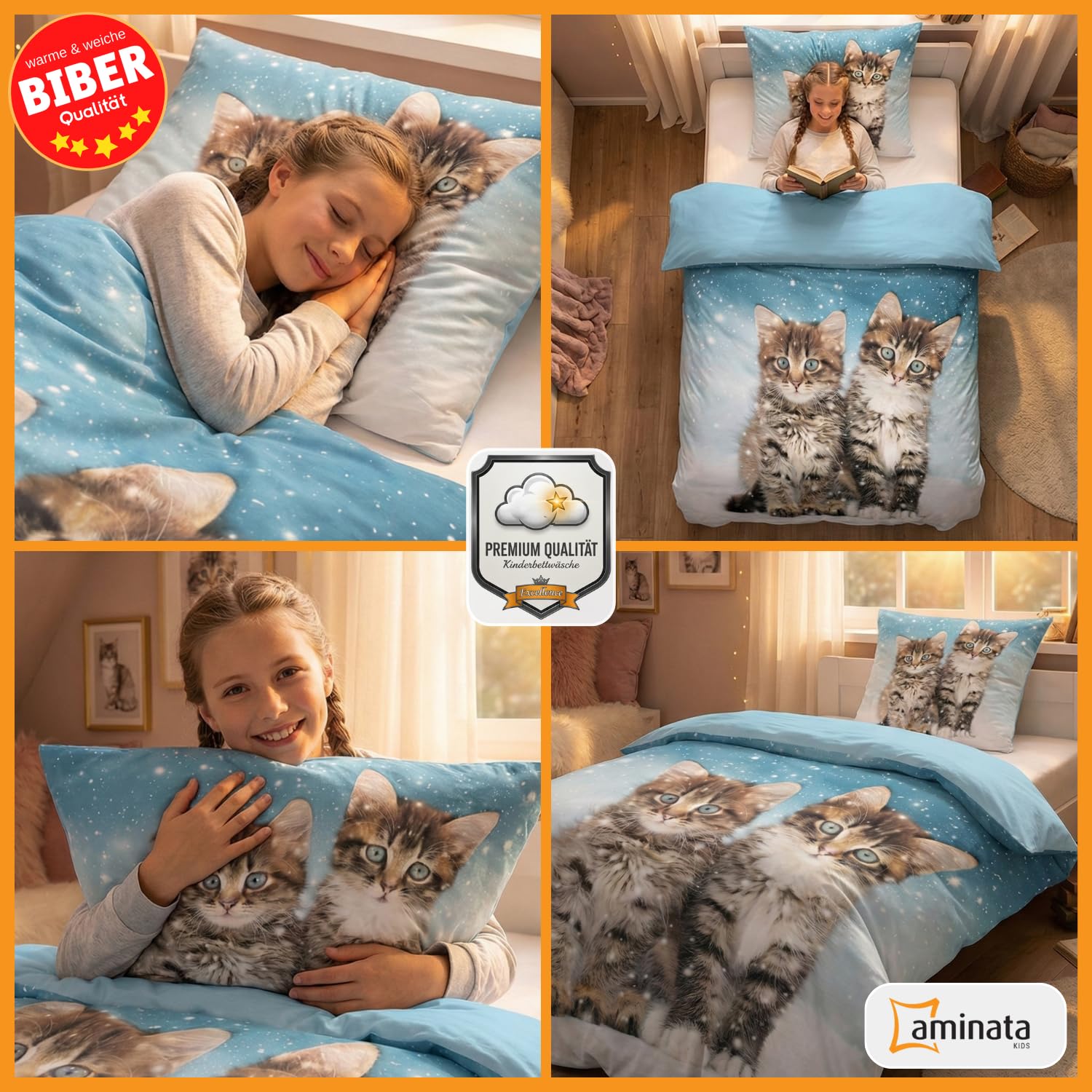 Aminata kids Bettwäsche Katze Biber 135x200 Kinder 100% Baumwolle blau