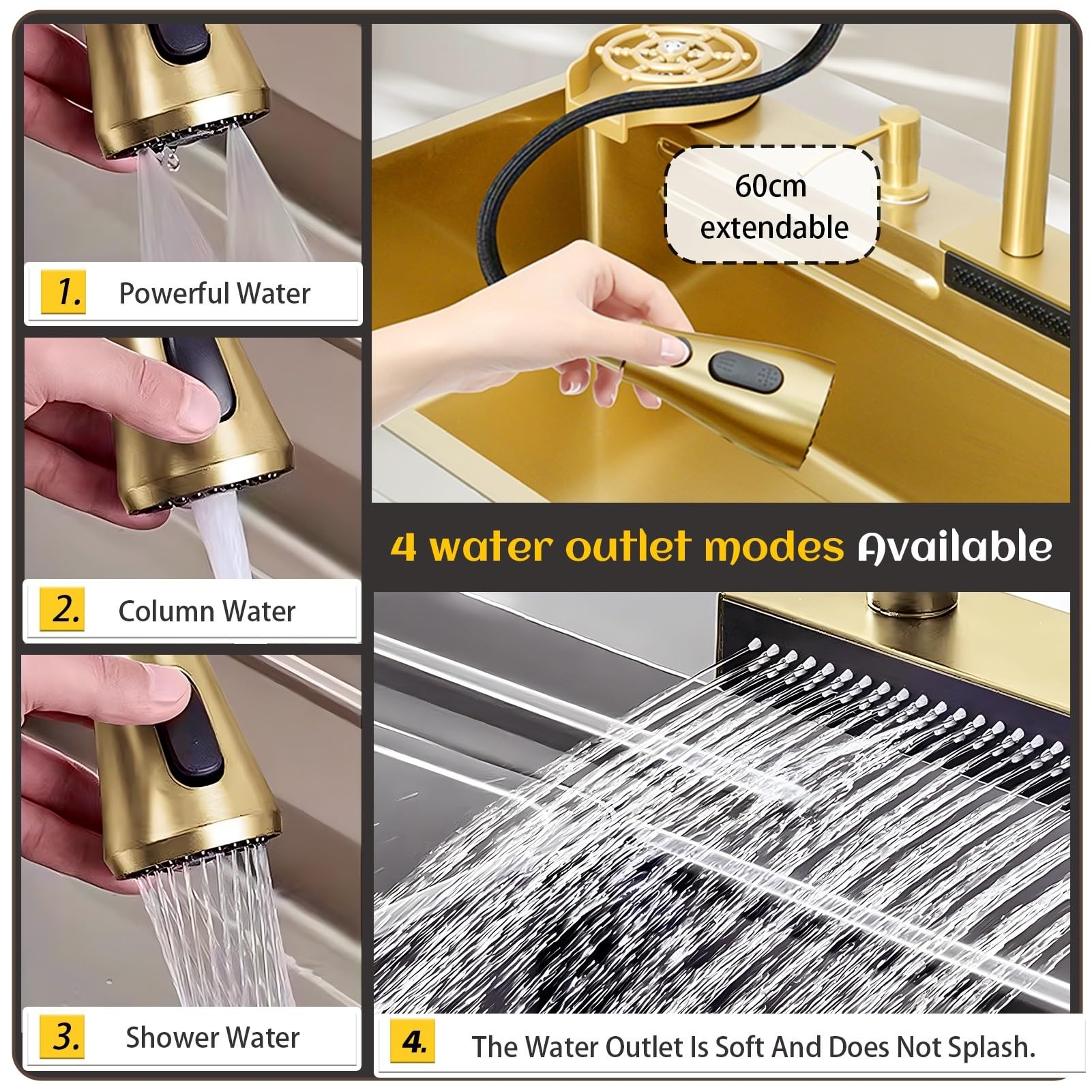 Fregadero de Cocina Grande Tipo Cascada, Fregadero Multifuncional para Bar con Grifo extraíble, lavavasos y Kit de desagüe, Fregadero de Acero Inoxidable de un Solo Seno Estilo gra