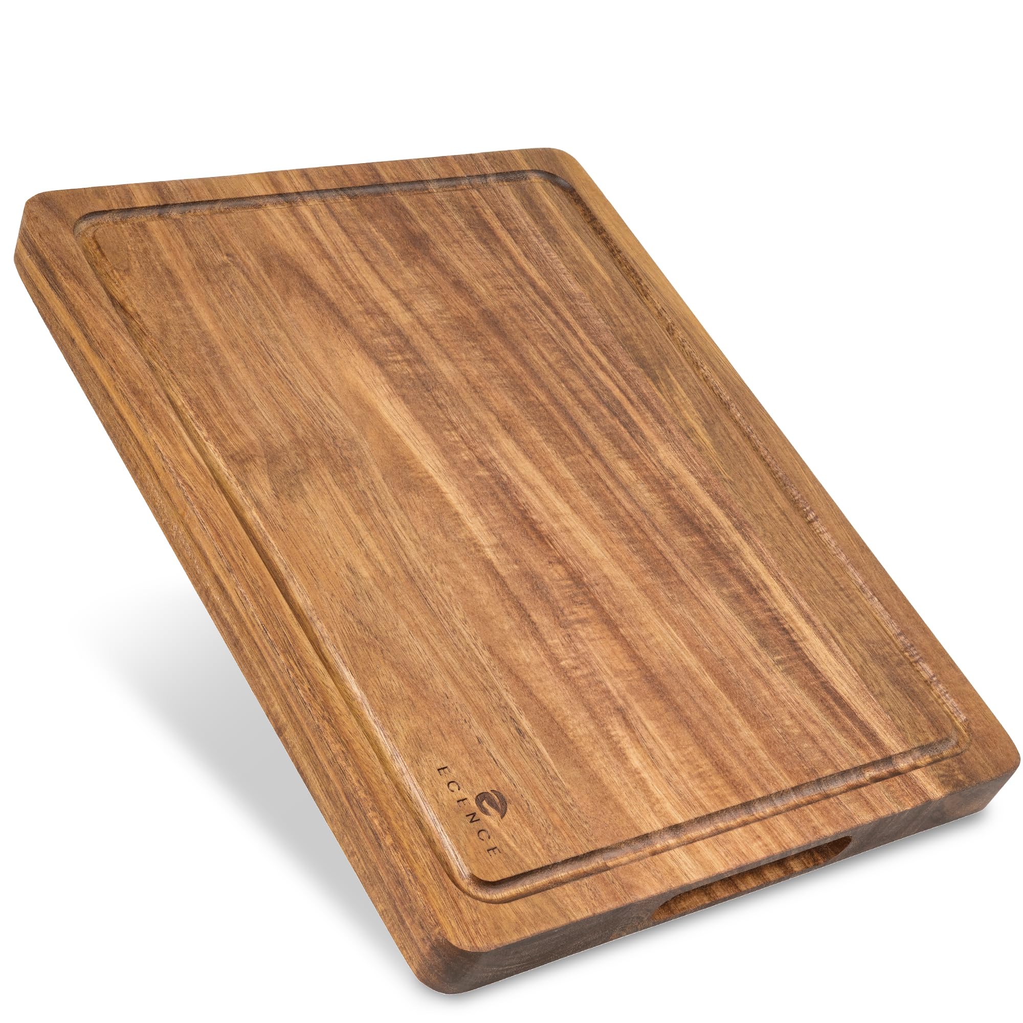 ECENCE Planche à découper en bois d'acacia - 40x30x3cm | utilisable des deux côtés, planche de cuisine haut de gamme avec rigole à jus et poignées latérales pour couper & servir