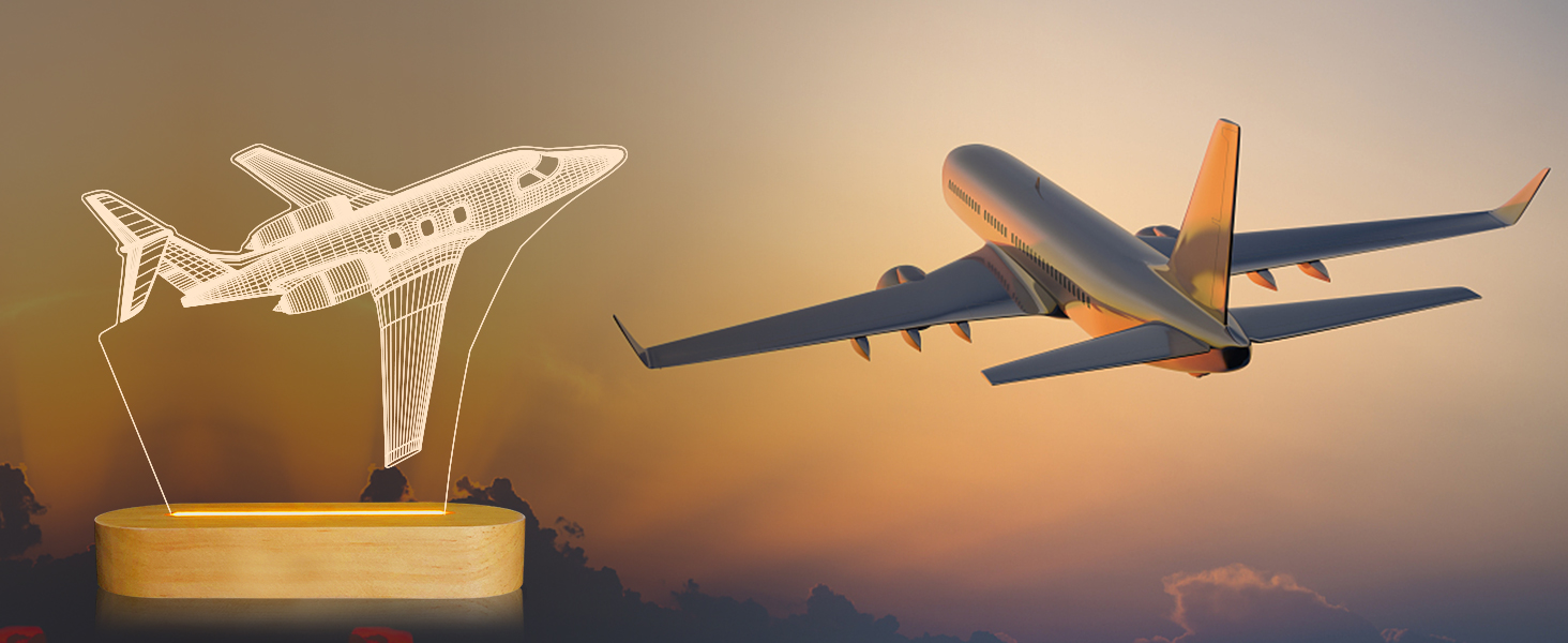 3D Illusion Airplane Night Light for Pilot Gift, Unique Aviation Gifts for Men, Dimmable Wooden LED Lamp with Remote Control for Boys Room Decor, USB Powered Bedside Table Lamp