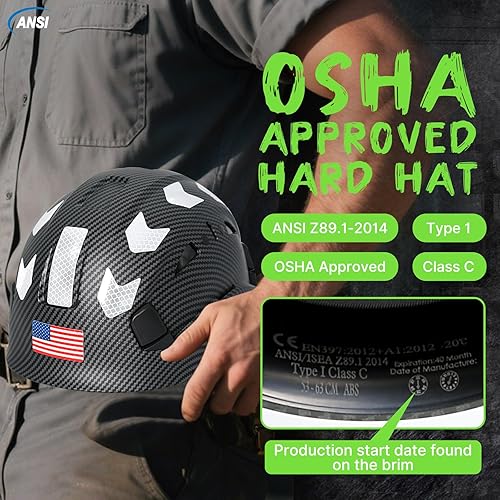 Miniatura 6 de Cascos cascos con patrón de fibra de carbono  Construcción aprobado por la OSHA, ANSI Z89.1 Tipo 1 Clase C Casco de seguridad ajustable ventilado