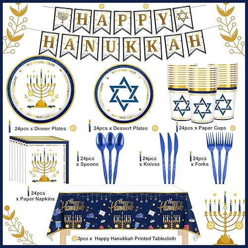 Miniatura 2 de Juego de vajilla desechable de Janucá, 172 unidades, platos de menorá y servilletas, vasos, manteles, pancartas de aluminio, cuchillos, cucharas,