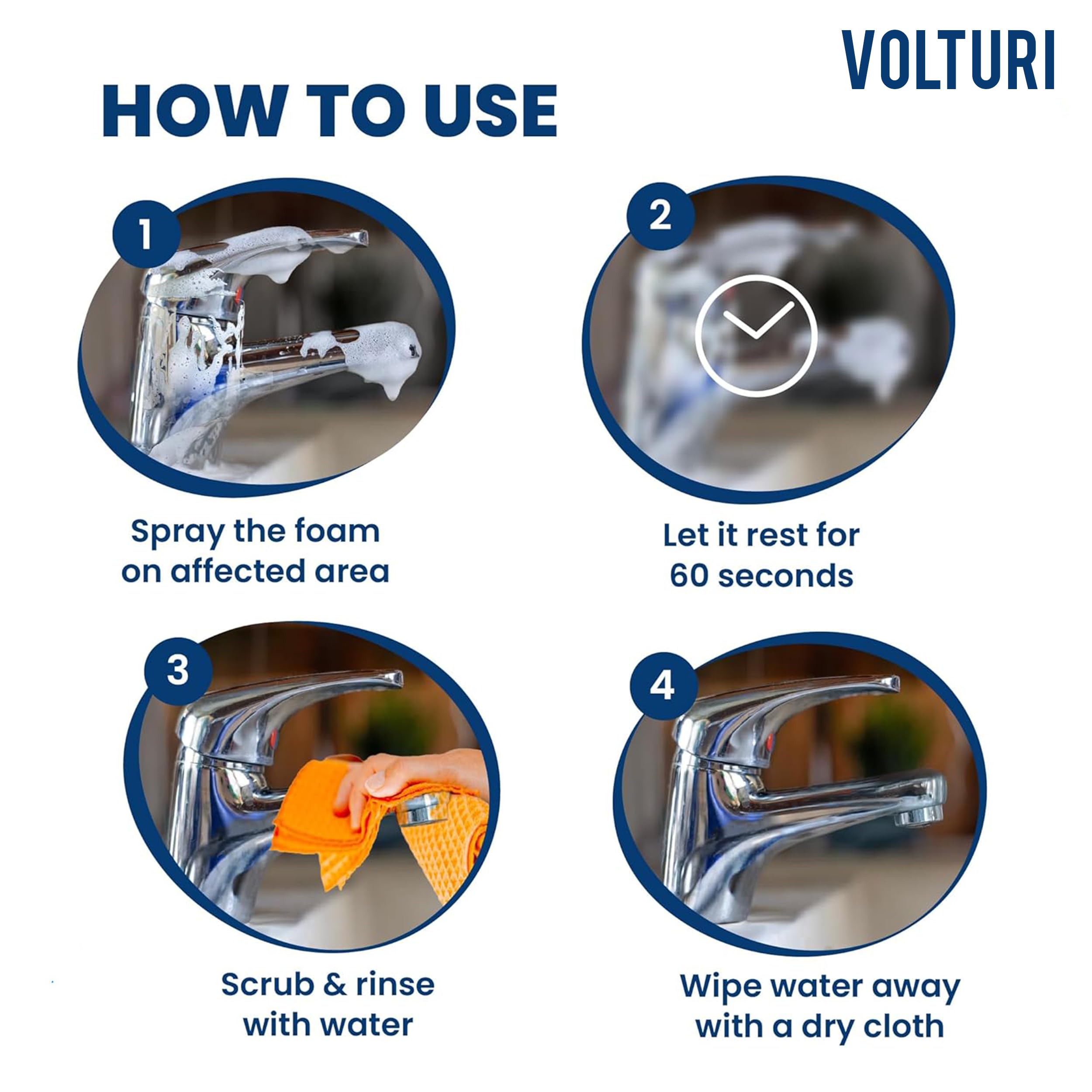 VOLTURI Tap Cleaner & Limescale Remover, India’s 1st Foaming Formulation for Reduced Scrubbing Effort, Non-Toxic, All Purpose Cleaner Suitable for Bathroom, Tap, Shower, Tiles, Mirror (500 ML, Pack 1) - Image 4 thumbnail
