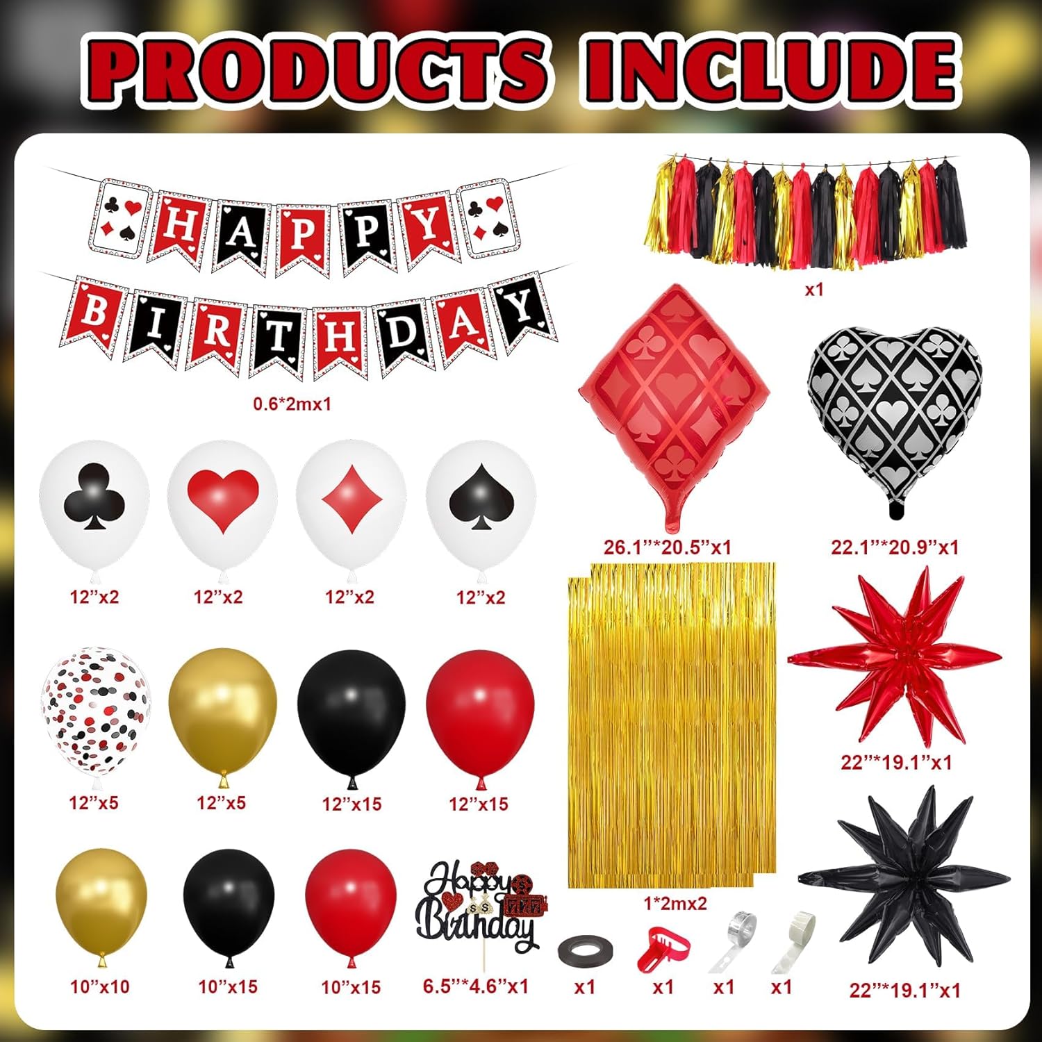 Ouddy Life 103Pcs Casino Theme Party Decorations, Red and Black Happy Birthday Banner Star Heart Poker Foil Balloons Fringe Curtain Paper Tassel Cake Topper for Las Vegas Game Night Party Decorations - Image 2
