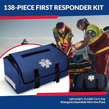 First Responder Trauma First Aid Kit Bag Fully Stocked Emergency Medical Kit for Workplace, Vehicle & Home OSHA & ANSI Compliant Portable Blue