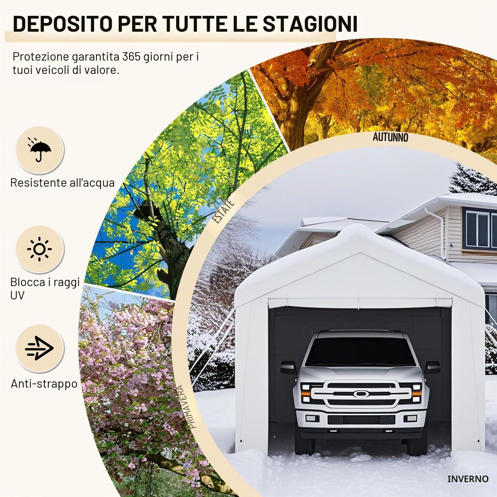 Carport Tenda Garage 4 x 6 m – Tenda da garage impermeabile con pareti laterali rimovibili – Resistente ai raggi UV – Rifugio invernale per auto, SUV, camion, barca, tenda da giardino, garage, bianco
