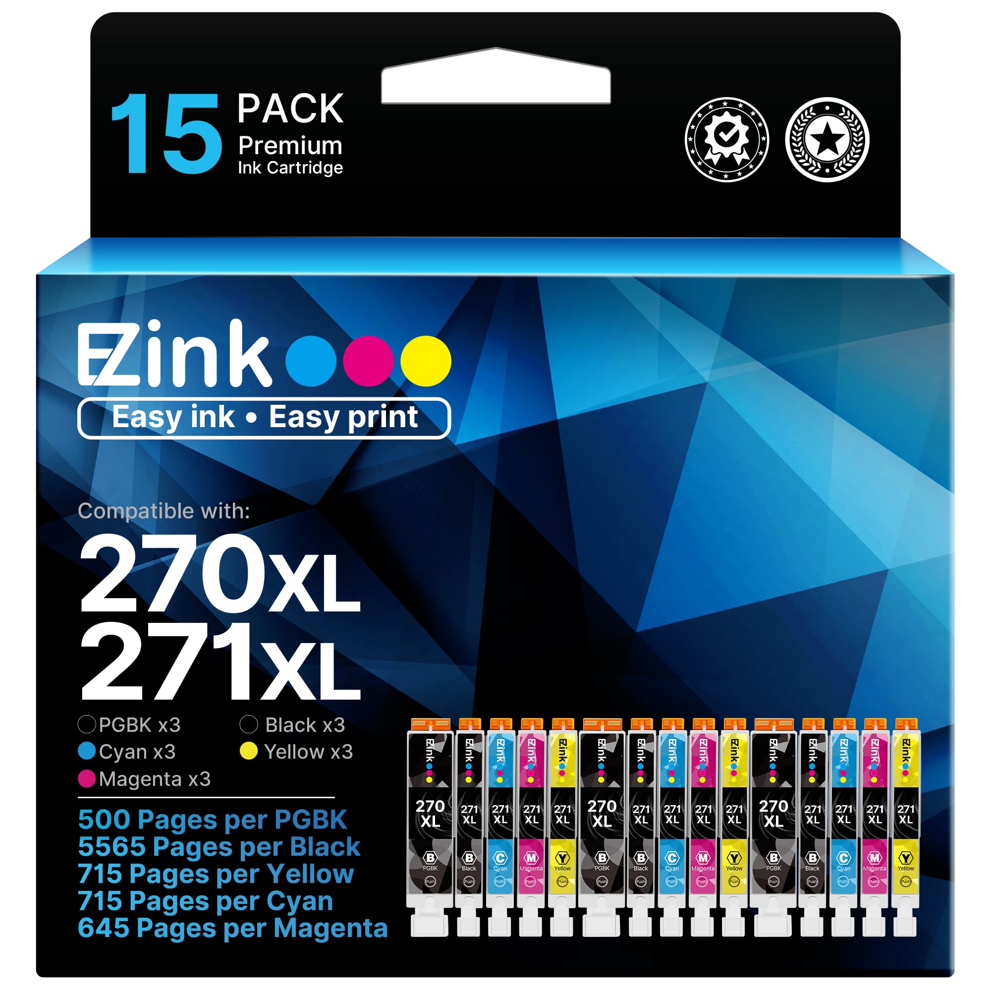 15 Pack 270 XL E-Z Ink (TM) Compatible Ink Cartridge Replacement for Canon PGI-270XL CLI-271XL PGI270 CLI271 for Canon PIXMA MG6820 MG5720 (3 Large Black, 3 Small Black, 3 Cyan, 3 Magenta, 3 Yellow)