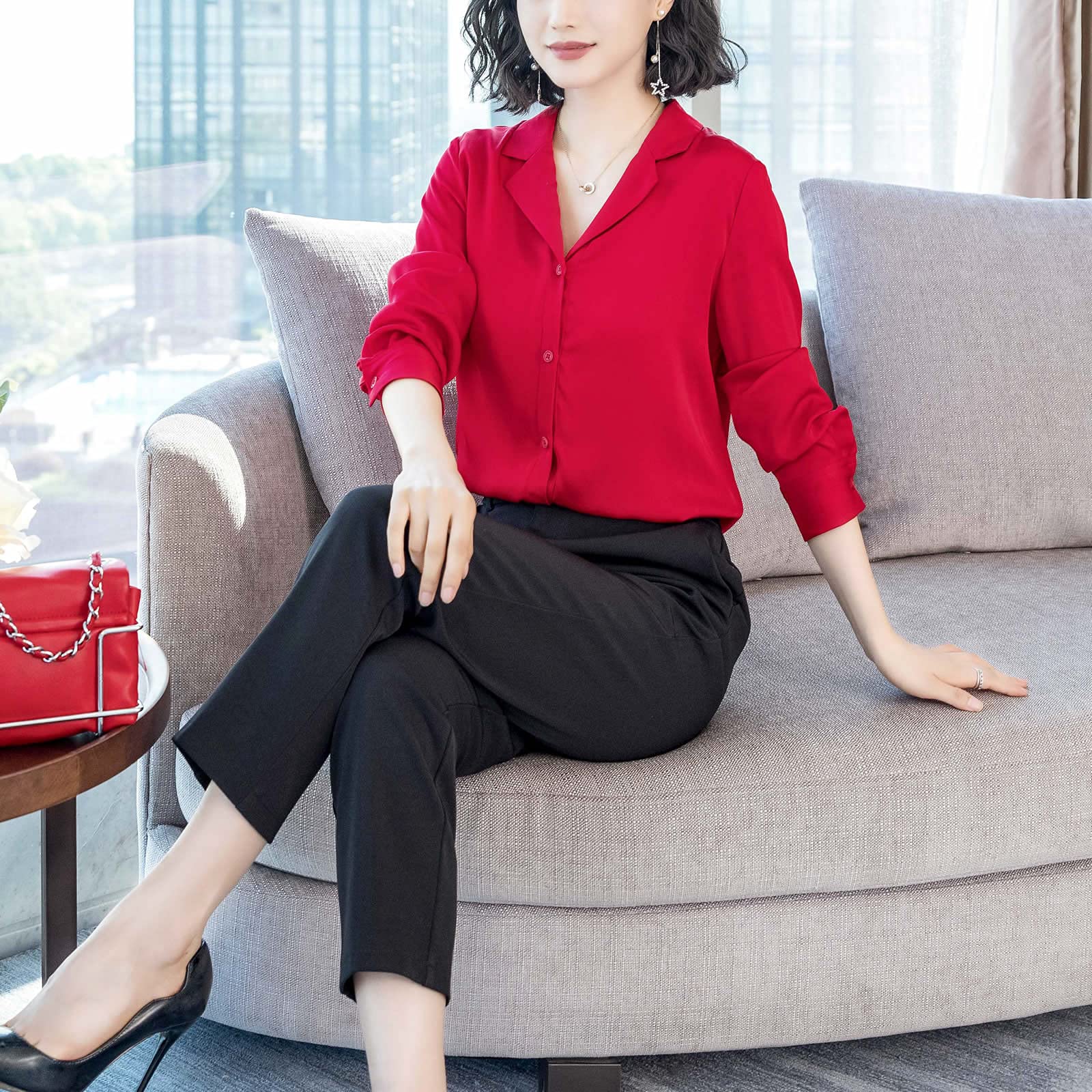Valin Blusa de seda para mujer, camisa de seda sólida, con botones, blusa de manga larga, solapa de seda, S3302