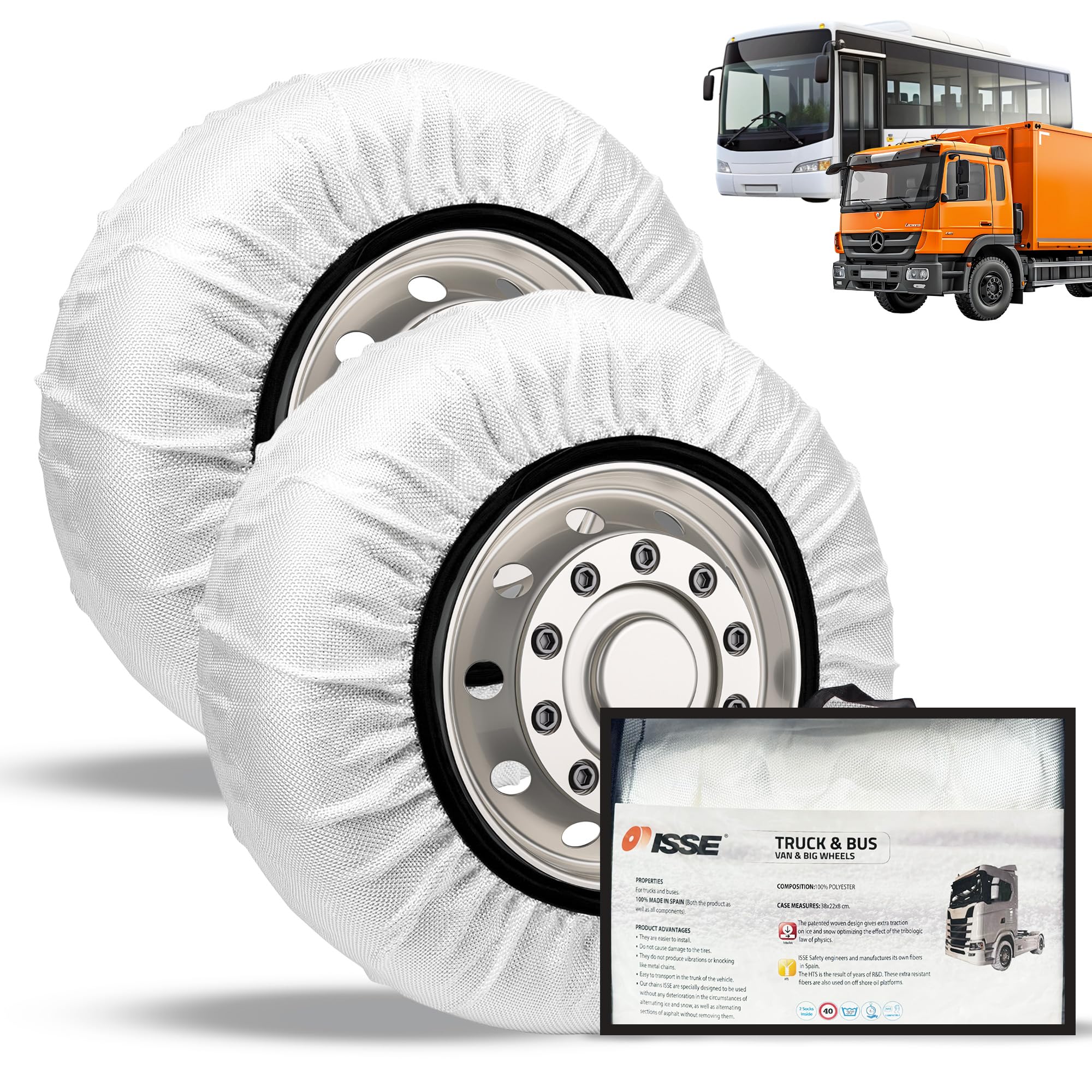 ISSE - Cadenas Camión Nieve |T-110| Homologación EN 16662-1 - Cadenas Nieve Téxtiles Fáciles de Instalar - Cadenas Nieve y Hielo Camión Antideslizantes y Resistentes - Kit de 2 Cadenas + guantes