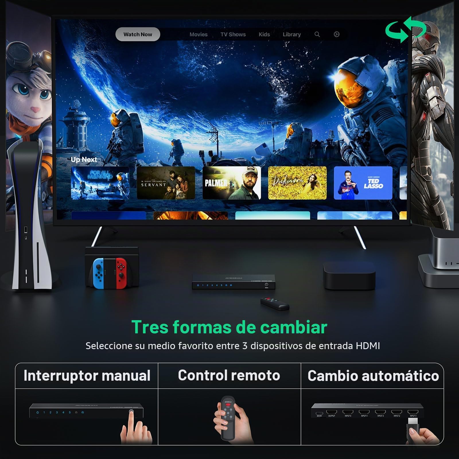 HDMI Switch 4K 60Hz, AVIDGRAM HDMI 2.0 Conmutador 5 in 1 out, 5 Entradas a 1 Salida Selector Box con IR-Fernbedienung Soporte HDCP 2.2 HDR10 3D 18Gbps para Xbox PS4 HDTV Monitor