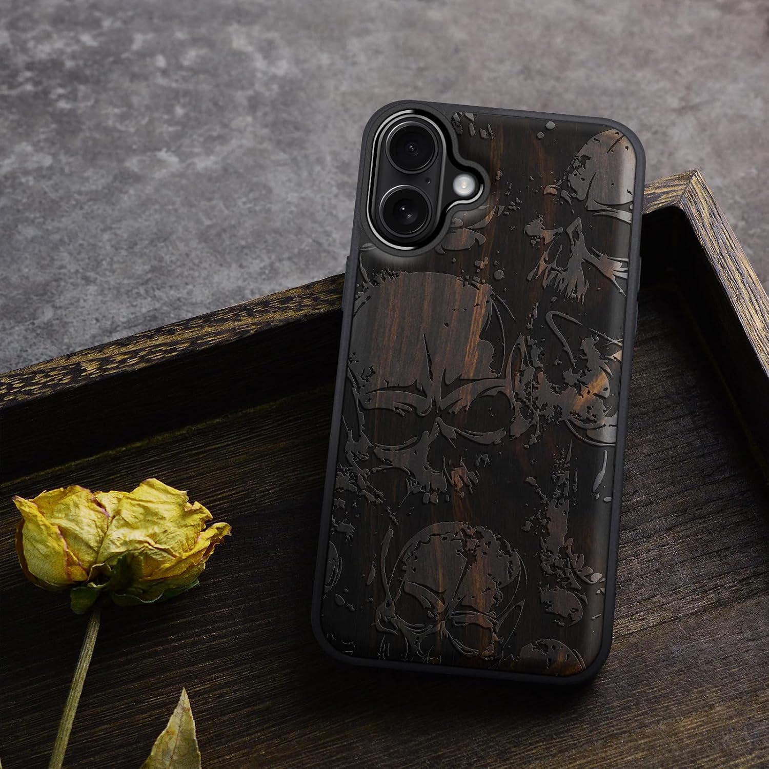 Carveit Magnetic Wooden Case for iPhone 16 Plus Case, Wood Artisan Engraved & Black Soft TPU Shockproof Cover, Compatible with MagSafe Wireless Chargers (Grunge Style Skull Pattern) Blackwood
