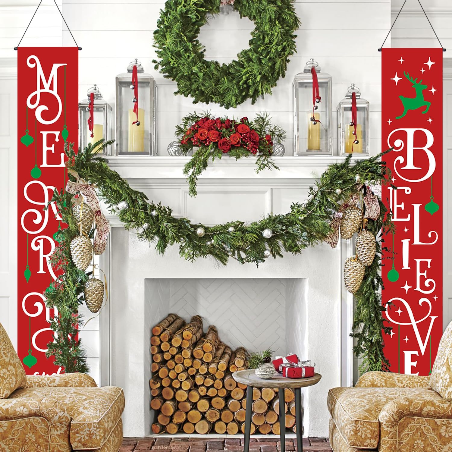 Christmas Decorations Outdoor | Red Buffalo Plaid Door Banner Set | Merry Christmas & Bright Xmas Decor for Front Porch, Yard, Garage | Indoor & Outdoor Holiday Home Décor | Believe Merry and Bright