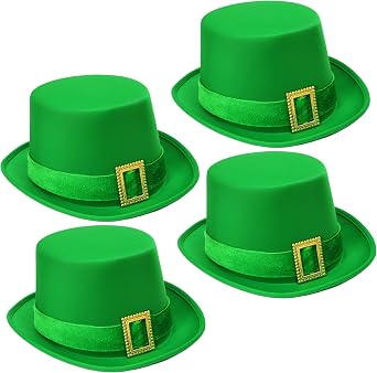 GiftExpress 4 Pack St. Patricks Day Leprechaun Top Hat Green Satin Hat with Velvet Ribbon and Gold Buckle for Leprechaun Costume Irish Parade Decorations