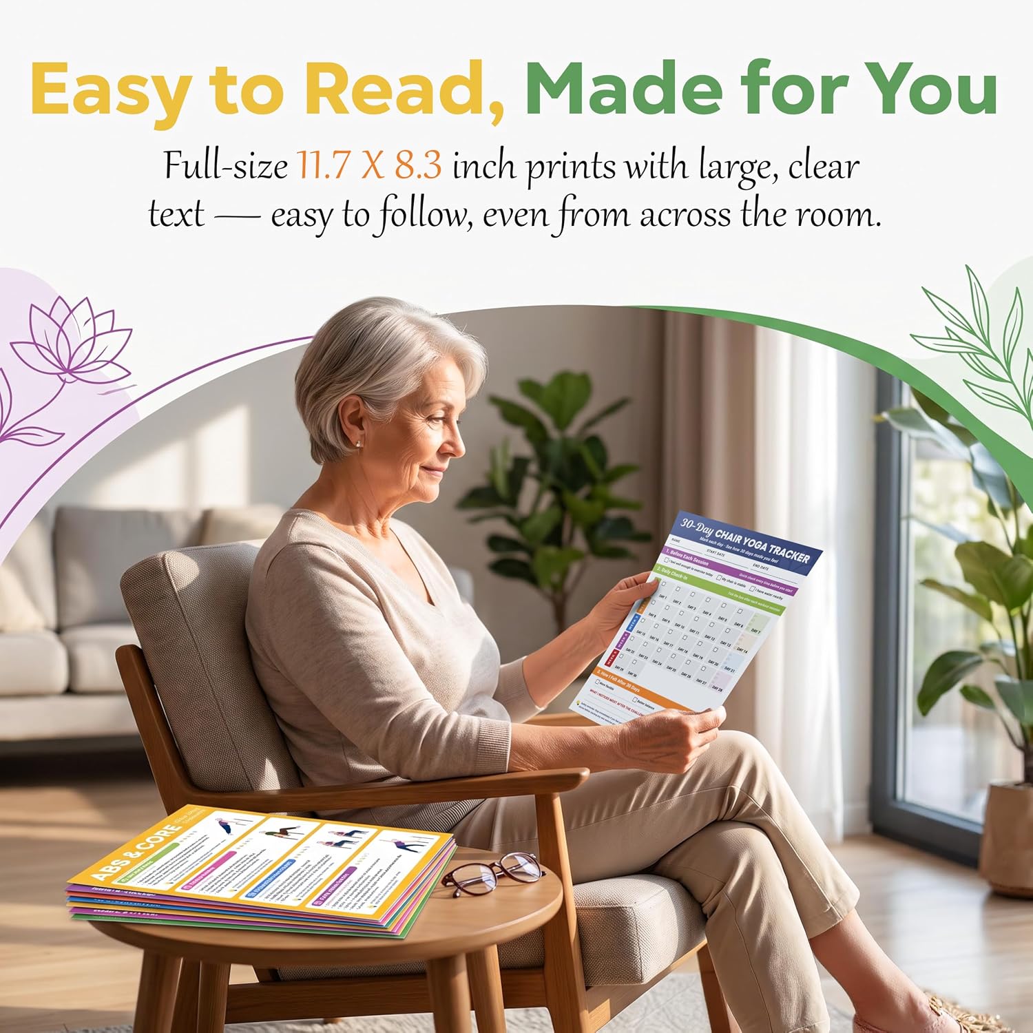 Chair Yoga for Seniors Over 60 Chart, Set of 10 Laminated Posters | Full 30 Day Workout Challenge & Daily Progress Tracker, 32 Poses Of All Level With Instruction & Tips For Mobility & Balance