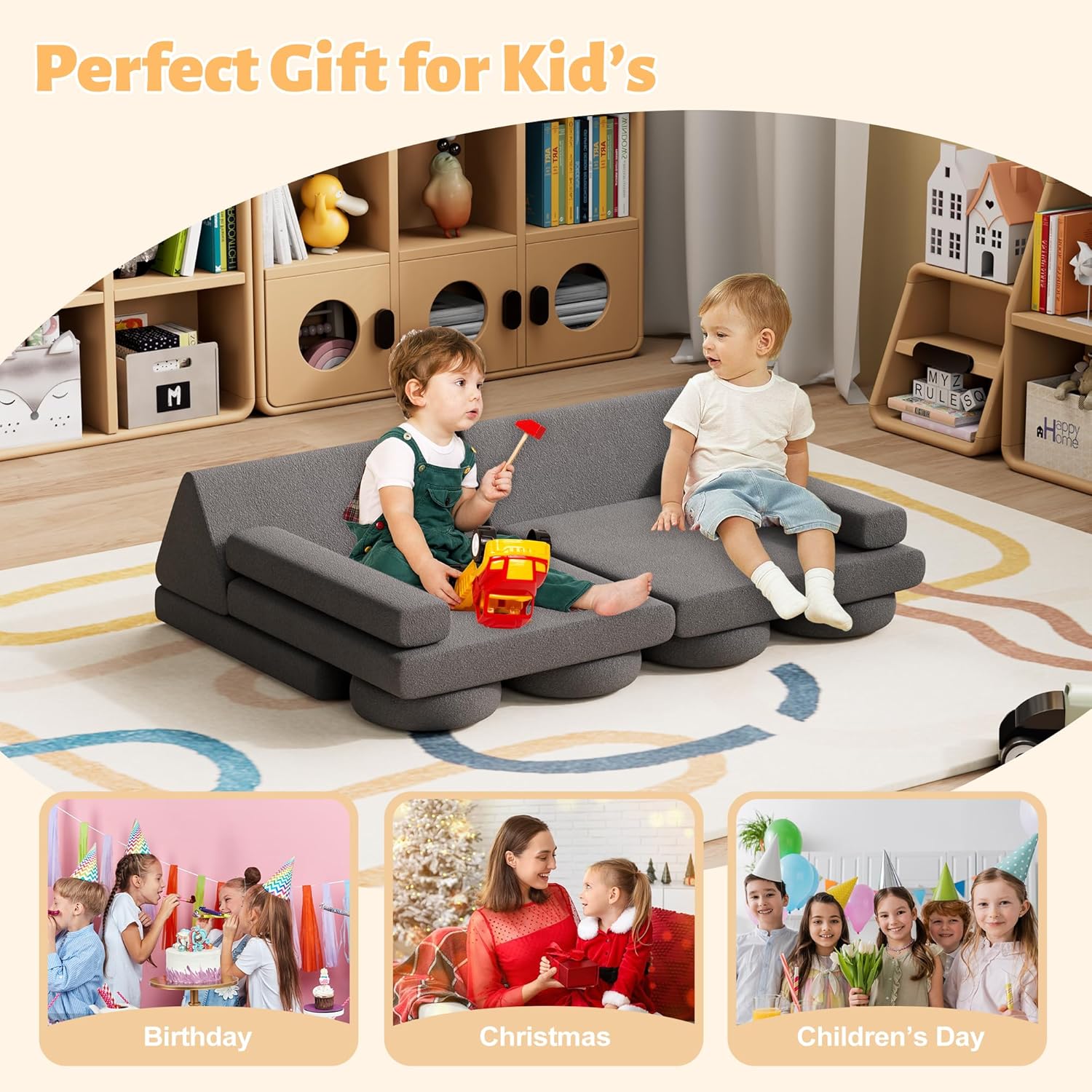 12 PCS Modular Kids Play Block Couch Child Sectional Soft Sofa Toddler Building Fortplay Climbing Bedroom Playroom Baby Convertible Floor Foam Cushion for Boys & Girls (car-Shaped-Dark-Grey)