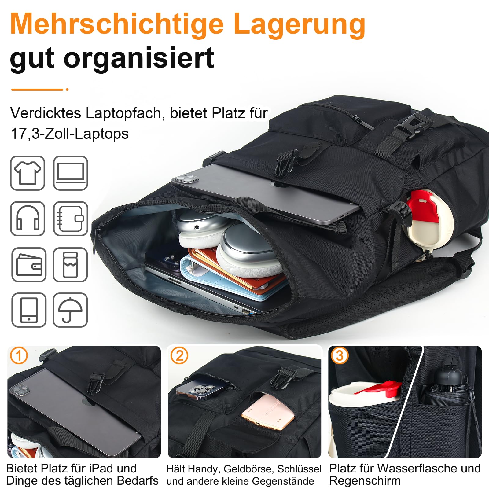 Rolltop plecak wodoszczelny, duży plecak dla mężczyzn i kobiet, Plecak zwijany z kieszenią na laptopa o przekątnej ekranu 17,3", plecak podróżny, plecak turystyczny, do pracy(Czarny) (czarny)
