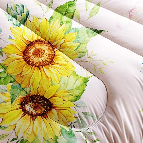 Miniatura 6 de Nttopship Juego de edredón rosa con girasol, tamaño matrimonial para mujeres adultas, juego de ropa de cama floral de mariposa de 3 piezas,