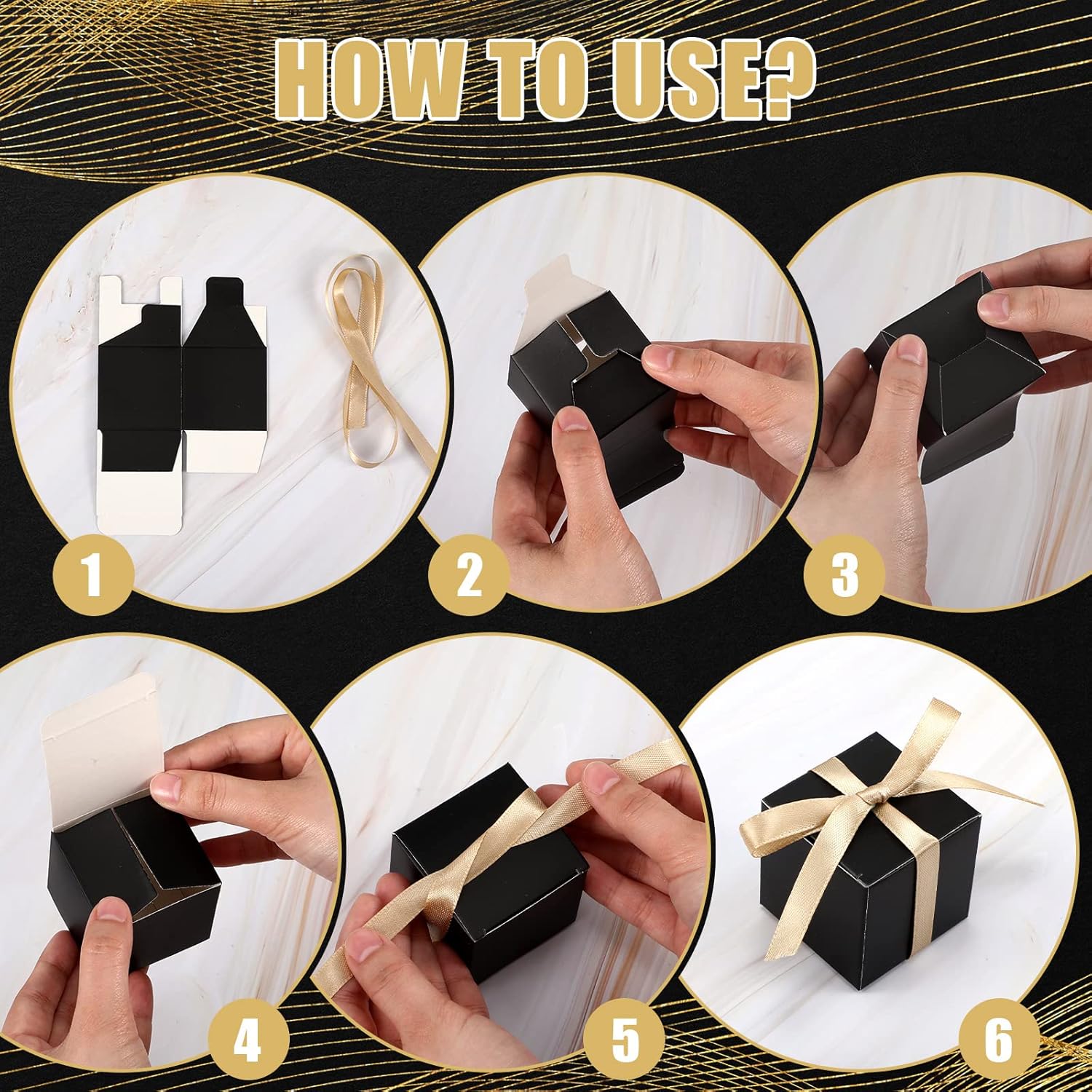 Jutom 100 Pcs Mini Favor Boxes Extra Small Candy Boxes Paper with Gold Ribbon for Baby Shower Birthday Wedding Anniversary Supplies(2 x 2 x 2 Inch,Black) - Image 3