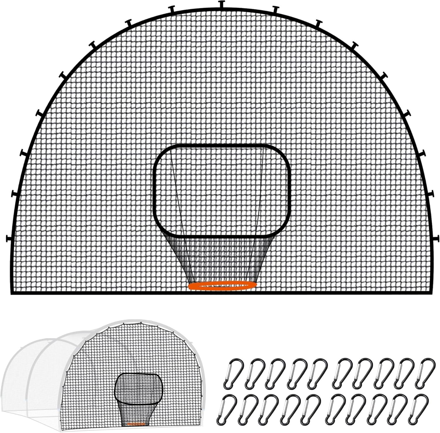 ORIENGEAR Batting Cage Door Net 9x13ft, with Sock Style Baseball Collection Net & 20 D-Shape Carabiners, for Use with Pitching Machines, Fits Batting Cages