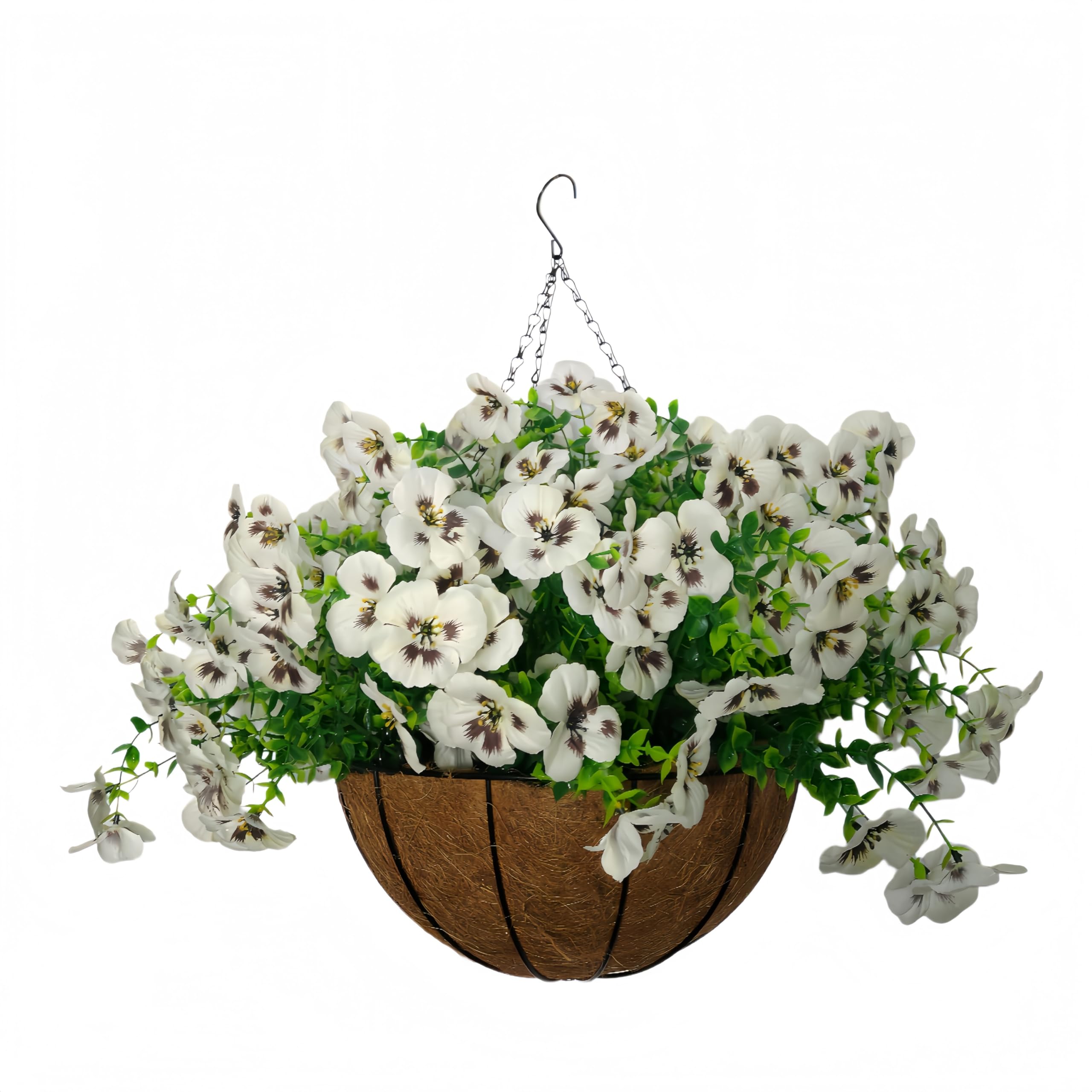Hynbasea 12 Inches DIY Artificial Pansy Hanging Basket Faux Flowers for Indoor Outdoor Garden Decoration (White)