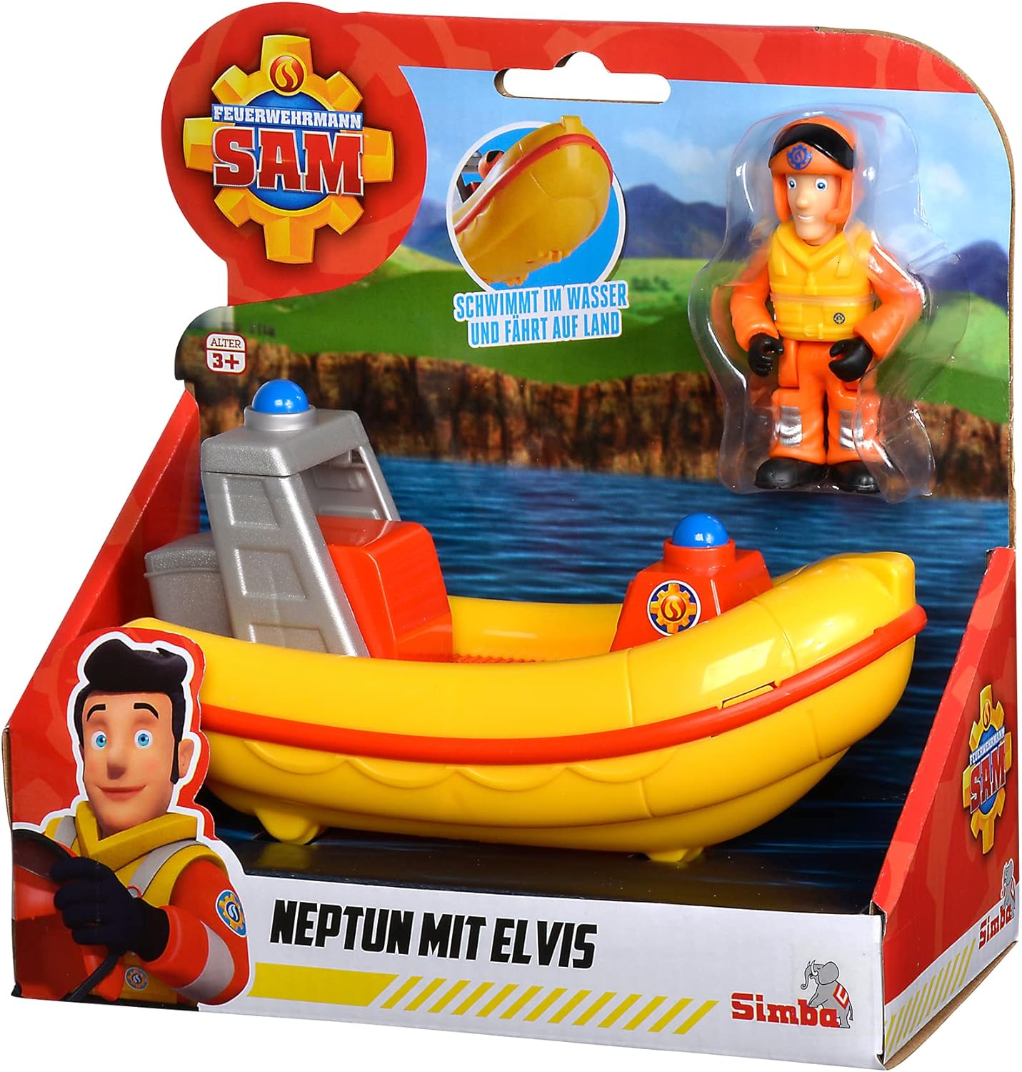 Fireman Sam Neptune with Elvis Figure, Drives on Land and Floats in Water, Boat 17 cm, Figure 7 cm, from 3 Years, Yellow