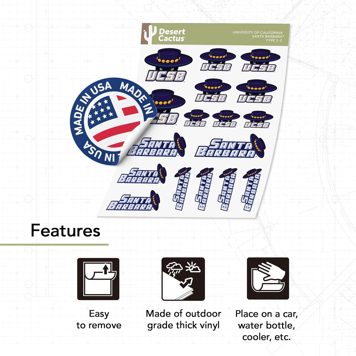 Desert Cactus University of California Santa Barbara Sticker UCSB Gauchos Vinyl Decals Laptop Water Bottle Car Scrapbook Sheet T1 (Type 1-1) - Image 4
