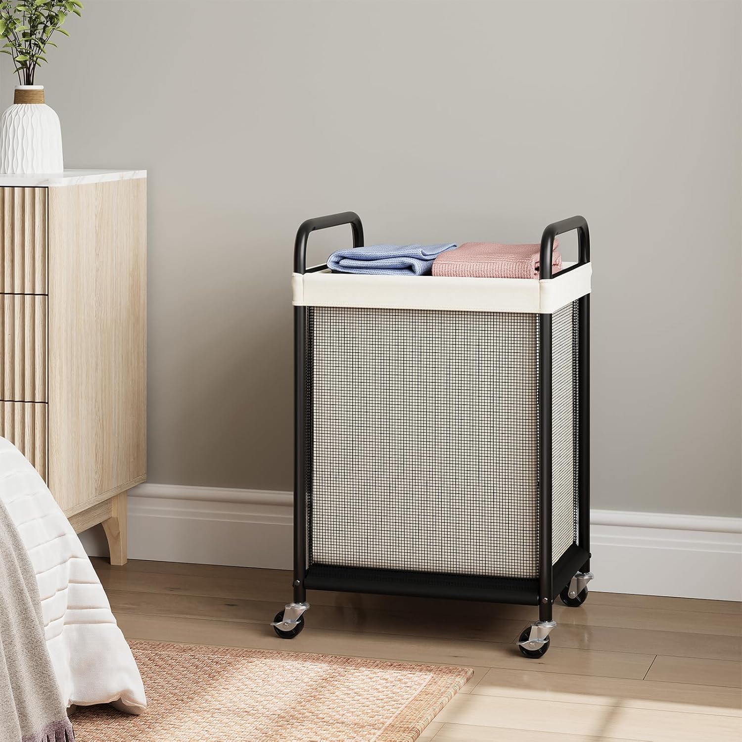 ELYKEN Laundry Basket with Wheels, 80L Rolling Laundry Hamper with Removable Liner Bag, Laundry Sorter with Metal Handle, Clothes Hamper Cart for Laundry Room, Bedroom, Bathroom and Dorm