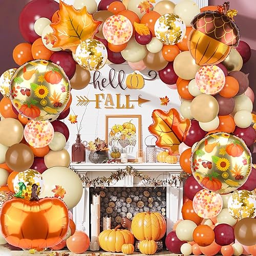 129pcs Fall Confetti Balloons, Huge Pumpkin Maple Pine Leaf Aluminum Foil Balloons Orange Brown Helium Latex Balloons for Birthday, Baby Shower,