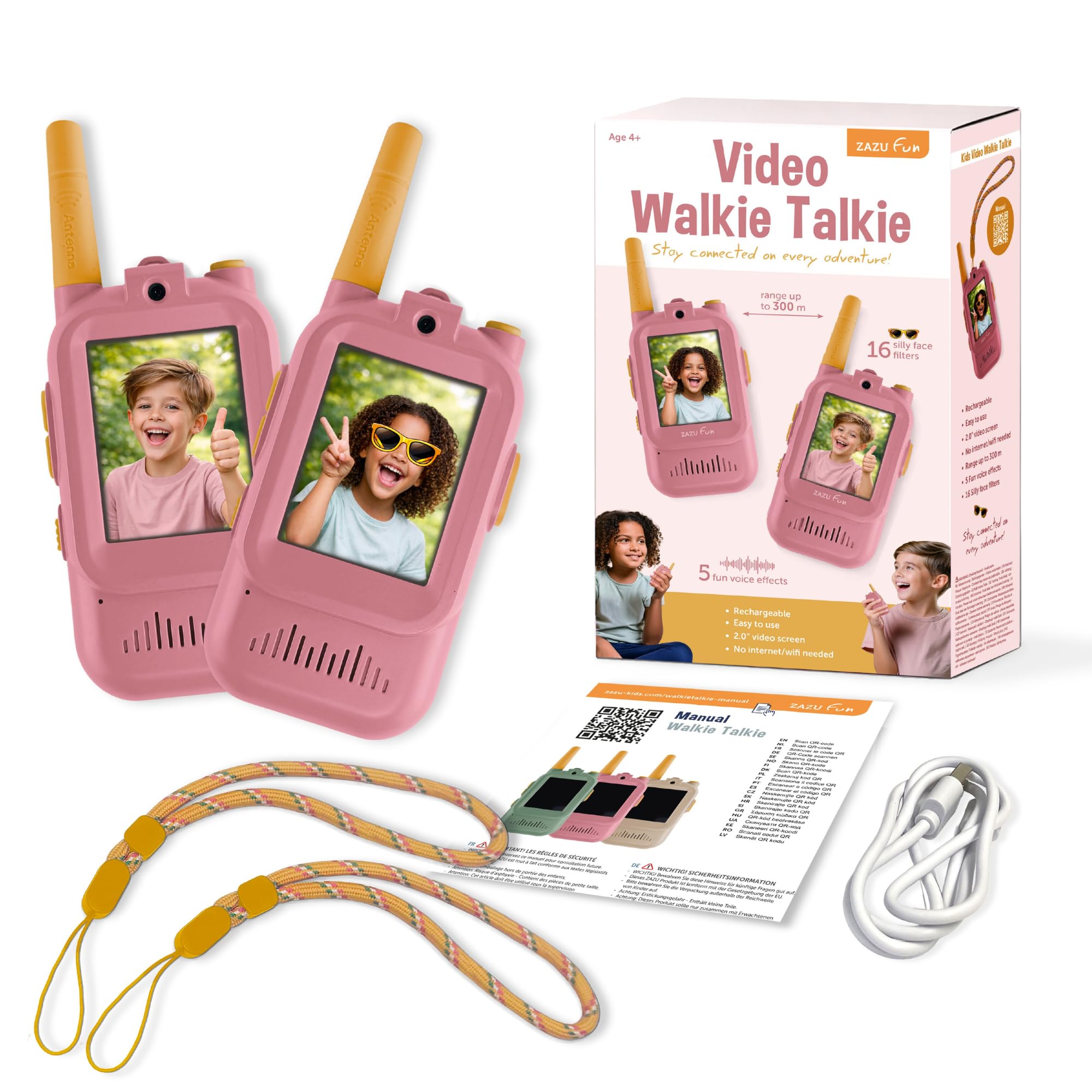 ZAZU Video Walkie Talkie für Kinder mit Kamera – 2er Set, 300m Reichweite, 2.0” Bildschirm, USB wiederaufladbar, 5 Stimmeffekte & 16 Filter – Funkgerät mit Video für Indoor & Outdoor (Rosa)