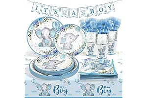 Elephant Baby Boy Shower Decorations Plates Set for 25 Guests