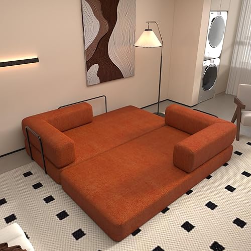 Convertible Sleeper Sofa Bed with Cylindrical Pillow, Modern Corduroy Futon Bed, Folding Mattress Couch with Fixed-Shape Frame, Compressed Couch for Living Room, Small Space Apartment, Office (Orange)