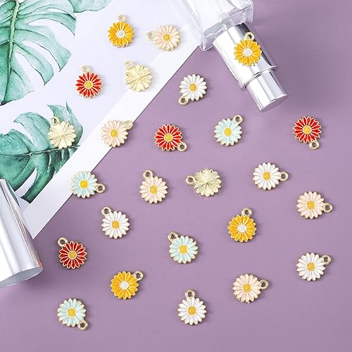 Miniatura 7 de Joez Wonderful 50 dijes de girasol para hacer joyas, colgantes de flores coloridas, dijes de flores para mujer, suministros de joyería de aleación