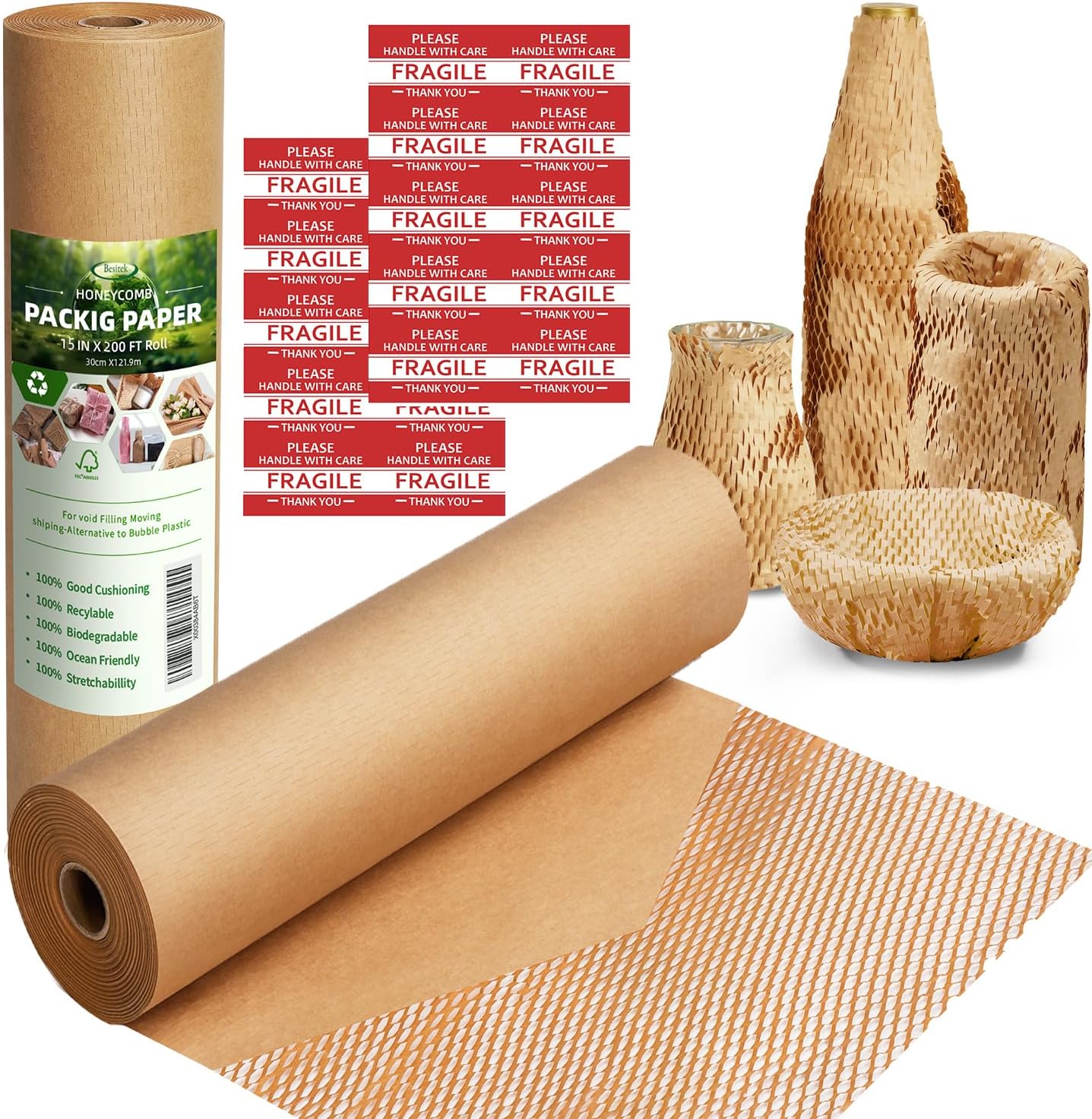 Honeycomb Packing Paper Wrap 15"x200' Sustainable Alternative to Bubble Cushioning Wrap for Moving/shipping/packing Roll with 20 Fragile Sticker Biodegradable & Fully Recylable