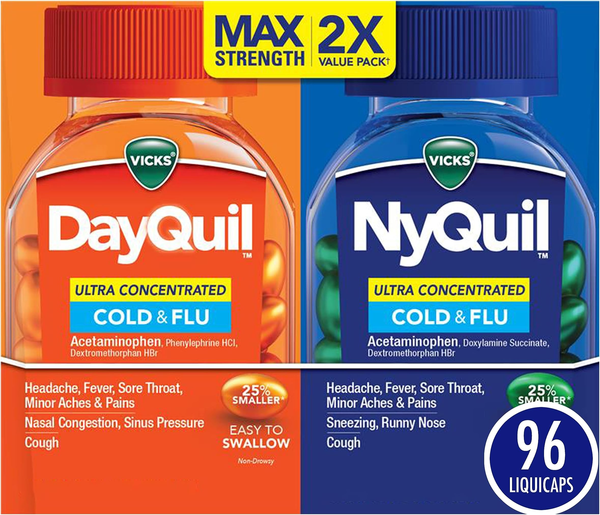 Vicks DayQuil & NyQuil Ultra Concentrated Liquicaps Co-Pack, Cold & Flu Medicine, Powerful Multi-Symptom Daytime & Nighttime Relief for Headache, Fever, Sore Throat, Minor Aches & Pains, & Cough, 96ct