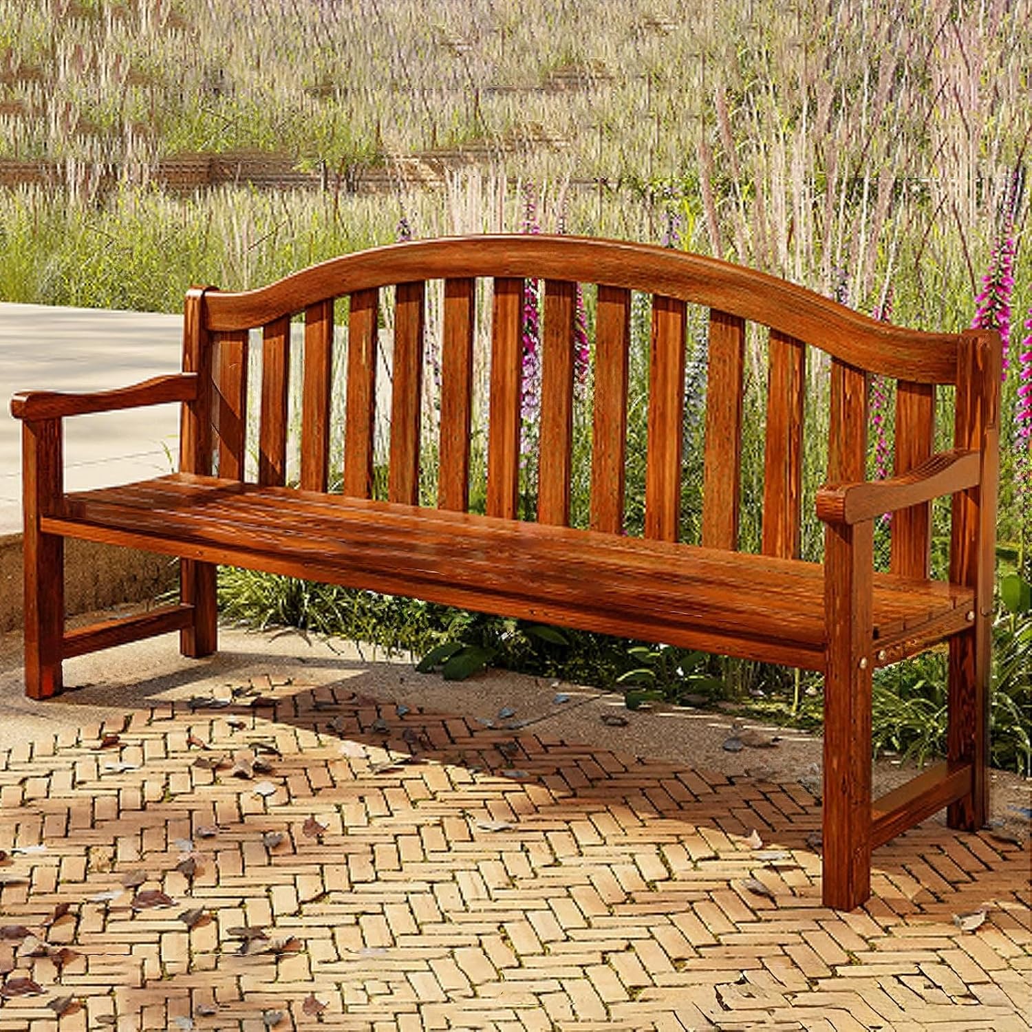 Wooden Park Bench, Garden Bench, Patio Bench, Porch Bench Seat, Bench Outdoor Weatherproof with Backrest and Armrests for Sunroom, Front Porch(Natural,150x40x80cm)