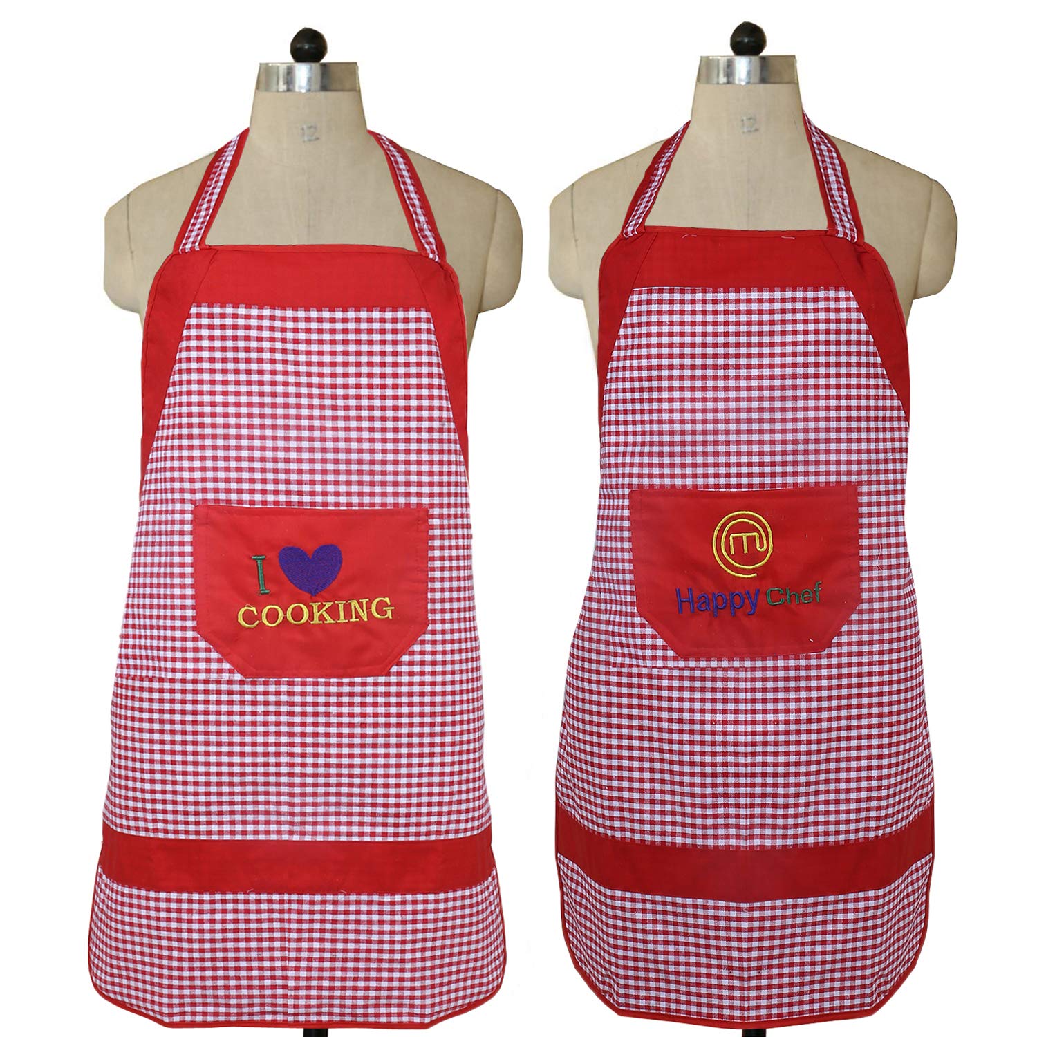 Cotton 2 Piece Waterproof Kitchen Apron with Front Pocket Set - Red