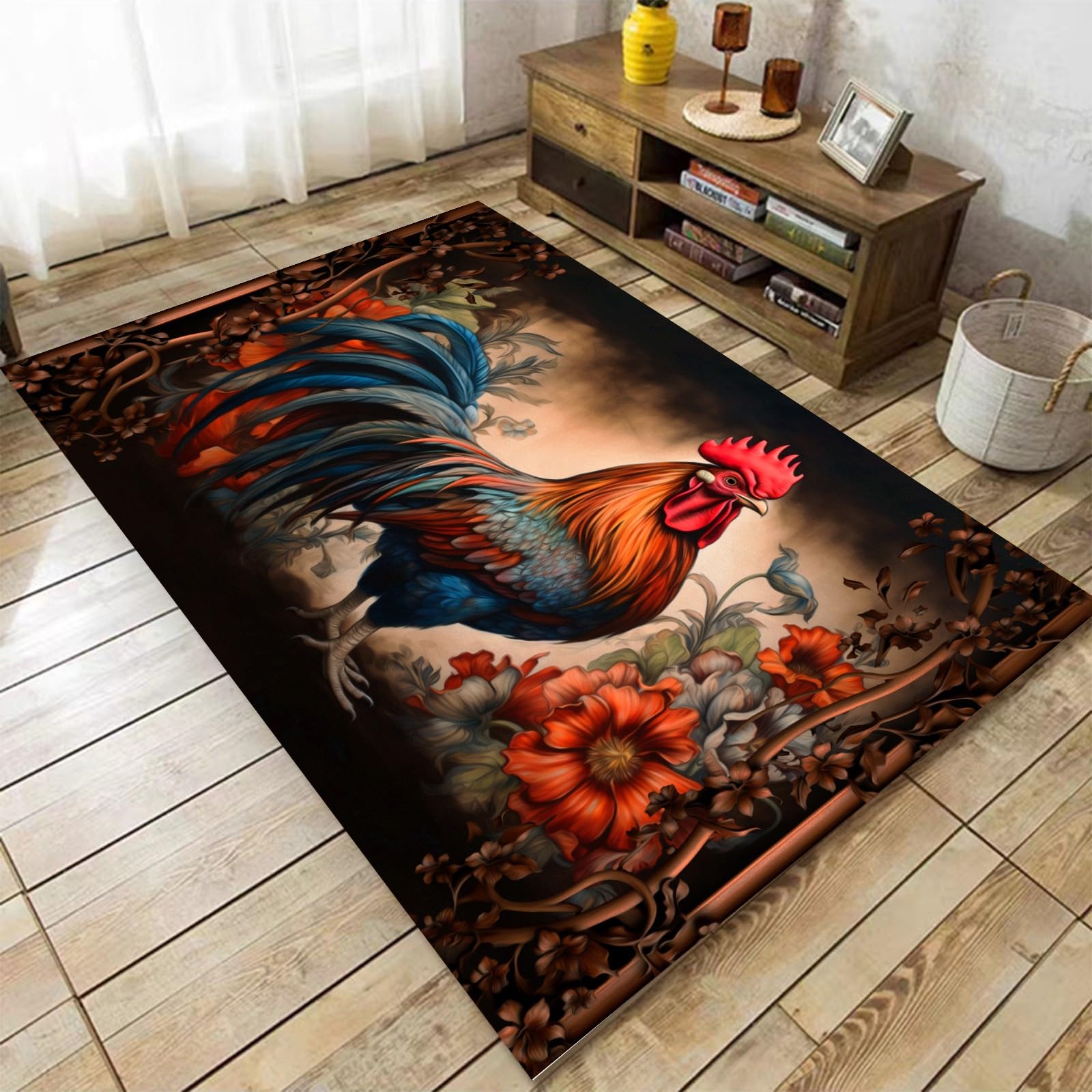 Retro Animal Area Rug, 6x8ft, Red and Blue Chicken Colorful Floral Art Decor Rug, Rustic Cabin Rooster Print Home Decor, Non-Slip Comfortable Rug for